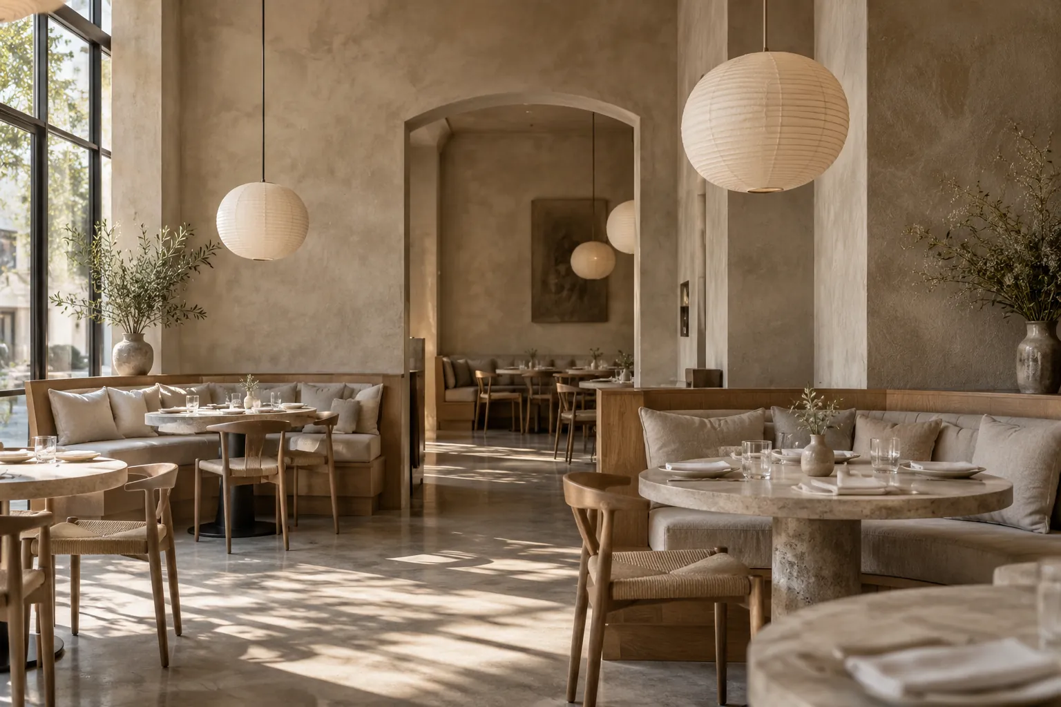 Restaurant dining room with tall walls in warm taupe limewash