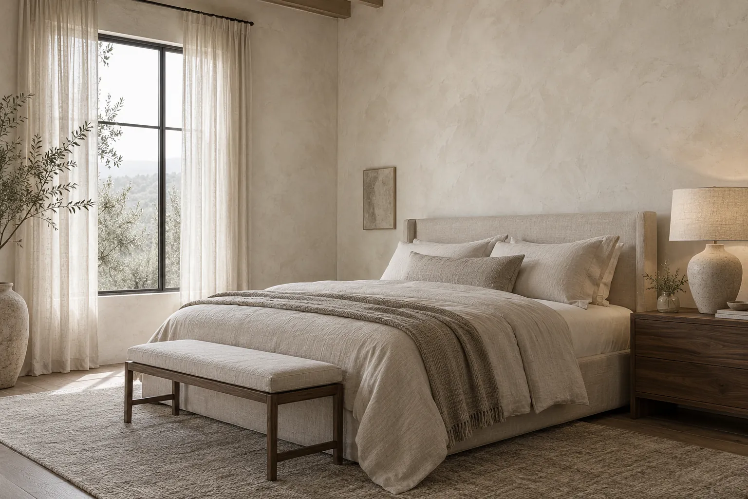 Bedroom with putty-white limewash walls and linen bedding